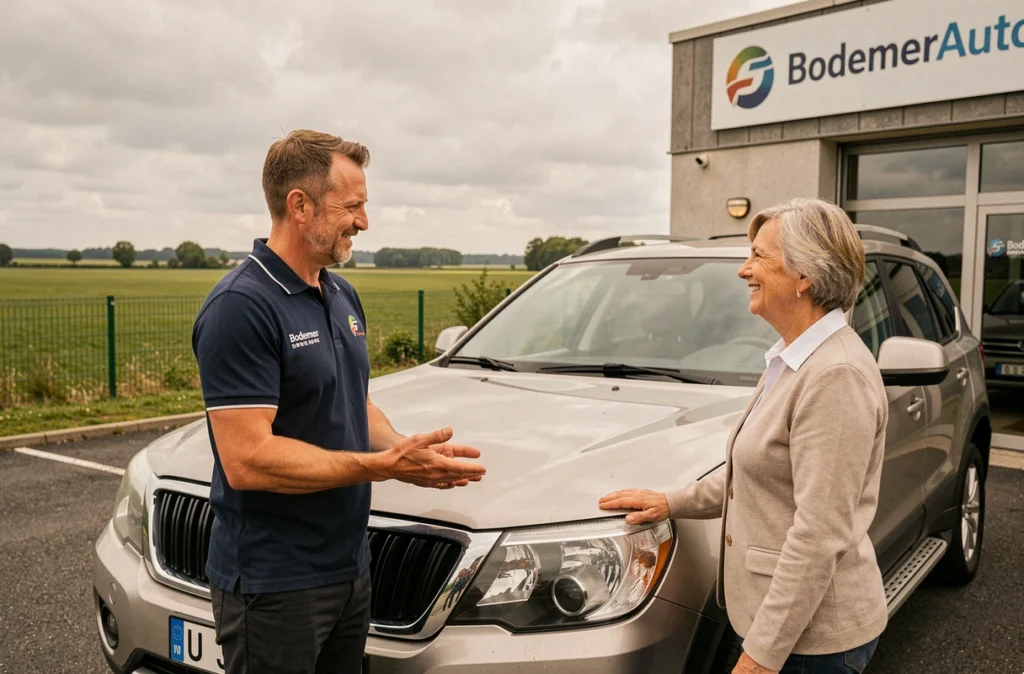 Vendeur BodemerAuto Niort présentant un SUV d'occasion à une cliente dans le parc automobile de la concession