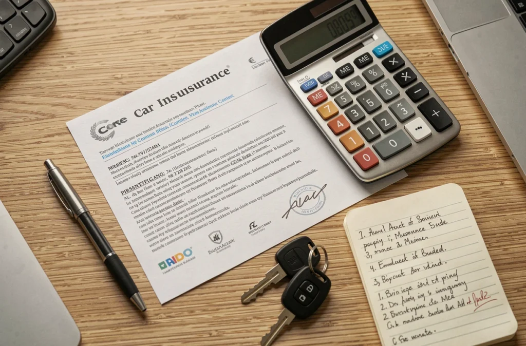 Vue de dessus d'un bureau avec attestation d'assurance au tiers, calculatrice affichant un prix en euros et clés de voiture