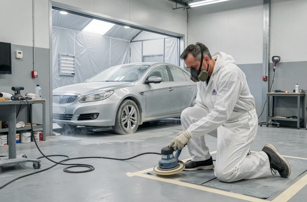 Technicien en carrosserie préparant une portière à la Carrosserie Bennici dans le Val-d'Oise