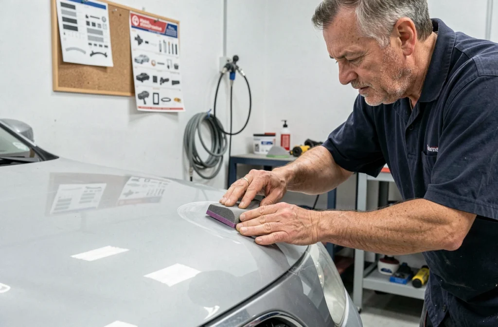 Spécialiste en carrosserie ponçant un pare-chocs réparé chez Carrosserie Desmet dans le Nord