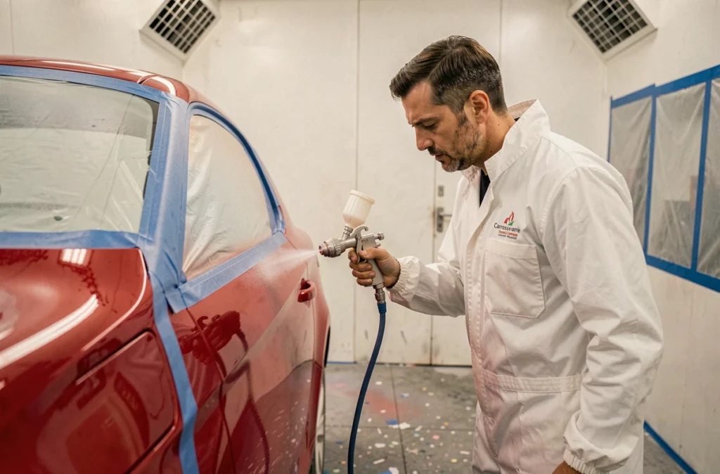 Carrossier de la Carrosserie Mécanique Canneçu Pascal appliquant de la peinture sur un panneau de carrosserie rouge dans une cabine de peinture professionnelle