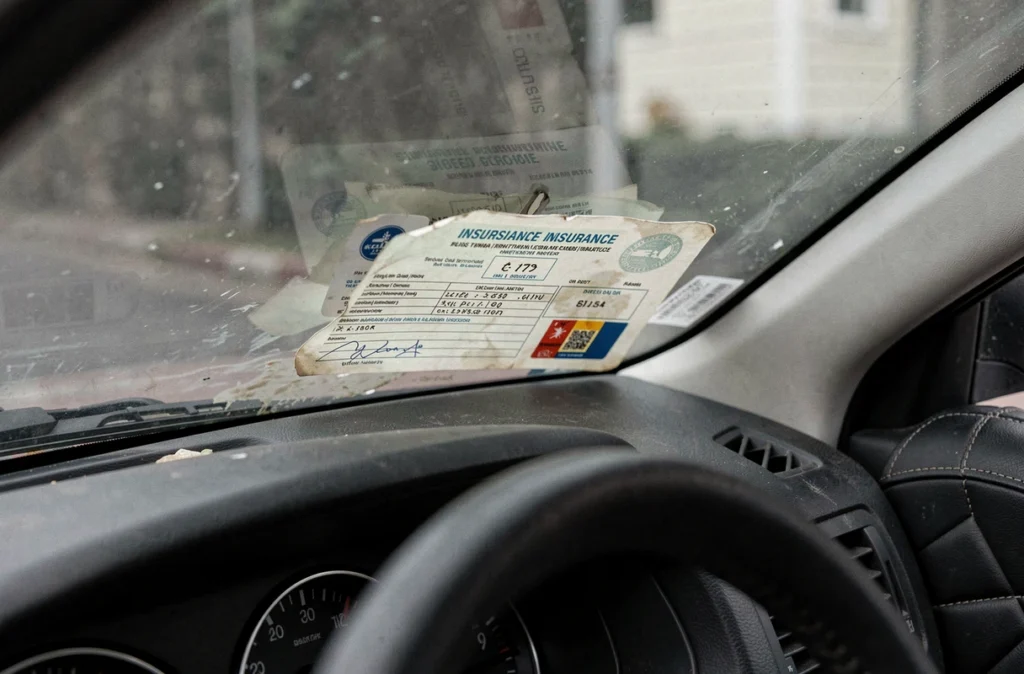 Certificat d'assurance et vignette glissés derrière le pare-brise à l'intérieur d'un habitacle de voiture