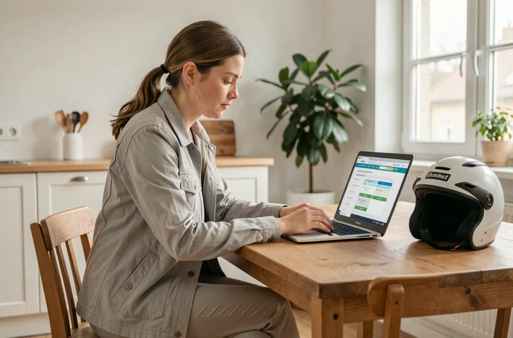 Femme comparant des offres d'assurance scooter sur un ordinateur portable dans un appartement moderne