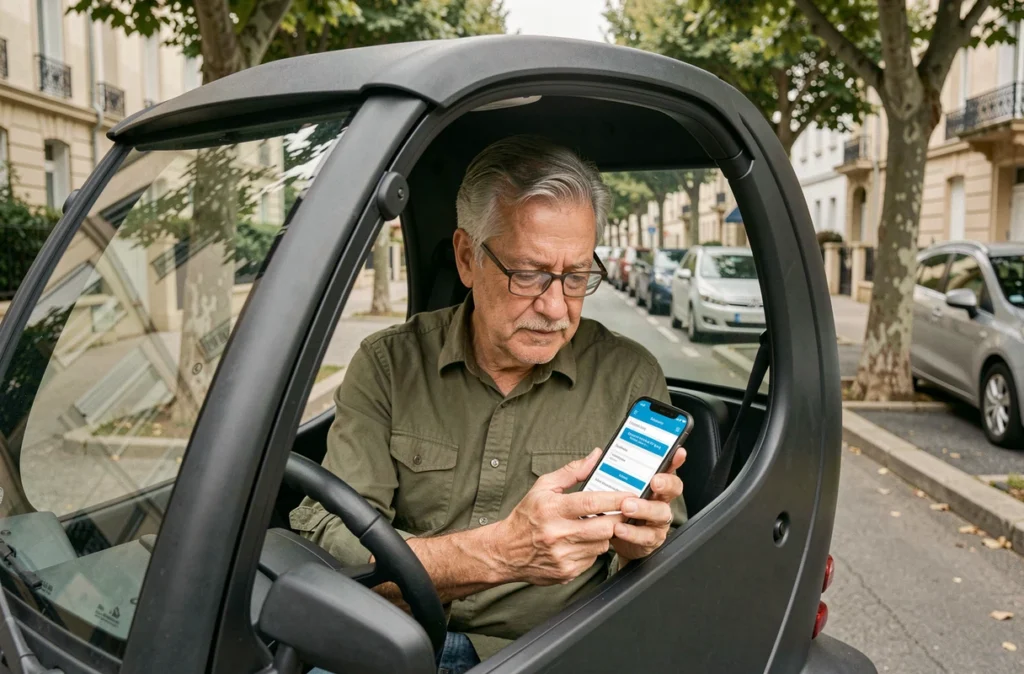 Conducteur senior comparant des assurances pour voiturette sur smartphone