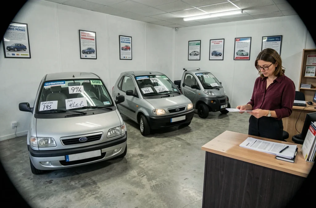 Intérieur d'une concession de voitures sans permis d'occasion dans le Jura avec prix affichés