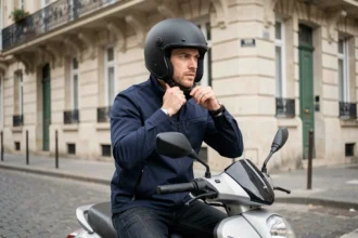 Homme en blouson marine attachant son casque sur un scooter urbain dans une rue pavée parisienne