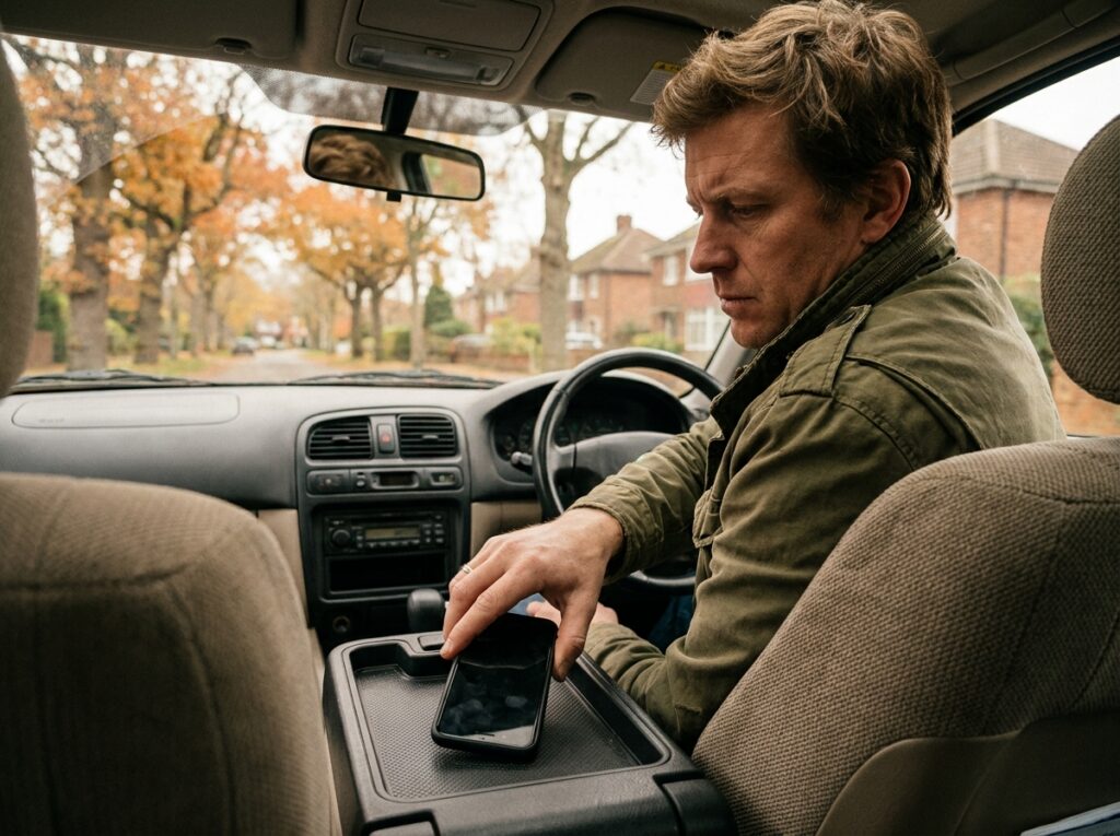 Conducteur posant son téléphone dans la console centrale pour éviter les distractions au volant