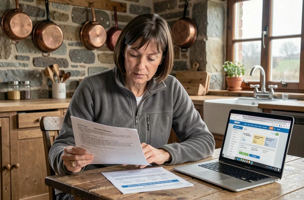 Femme consultant des documents d'assurance quad à domicile avant de comparer les devis