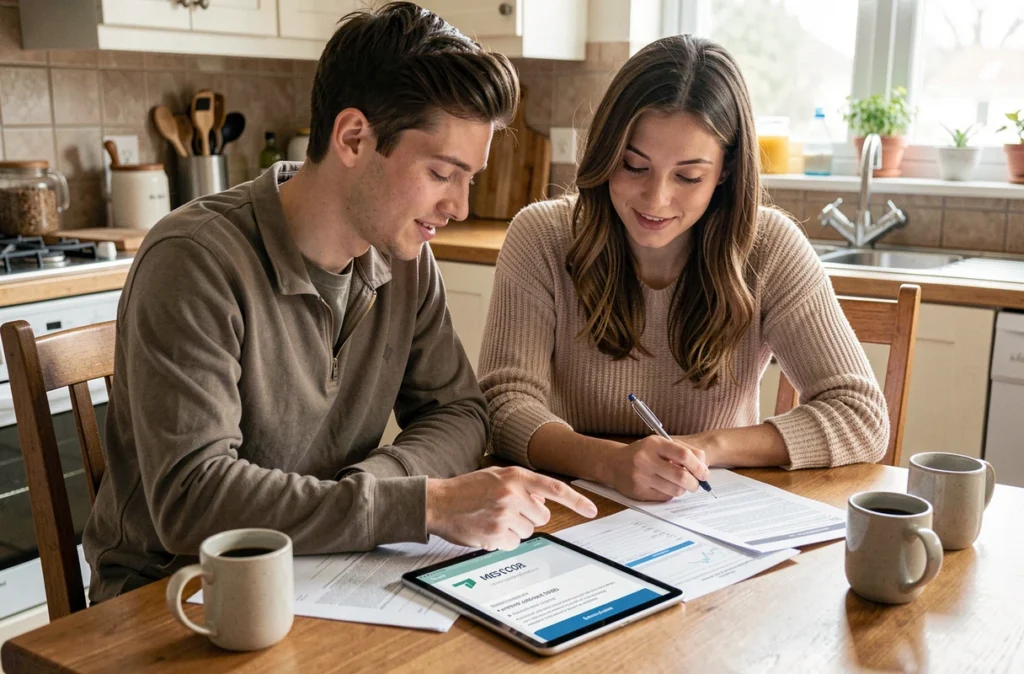 Couple comparant des offres d'assurance auto en ligne sans premier versement autour d'une table de cuisine