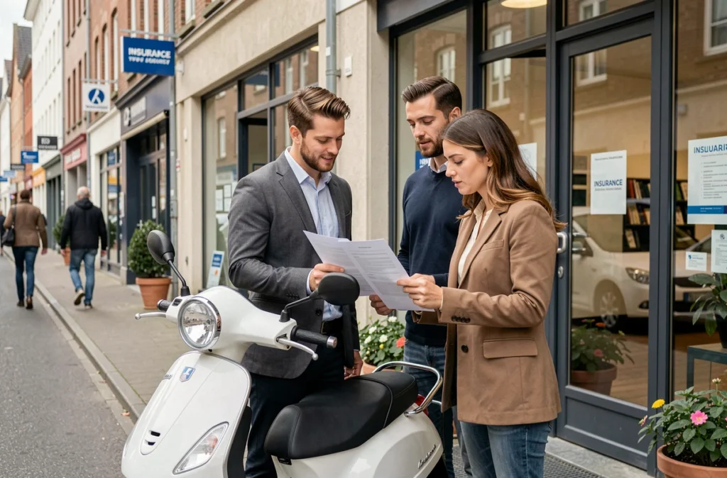 Couple examinant un contrat d'assurance scooter devant une agence dans une rue commerçante européenne