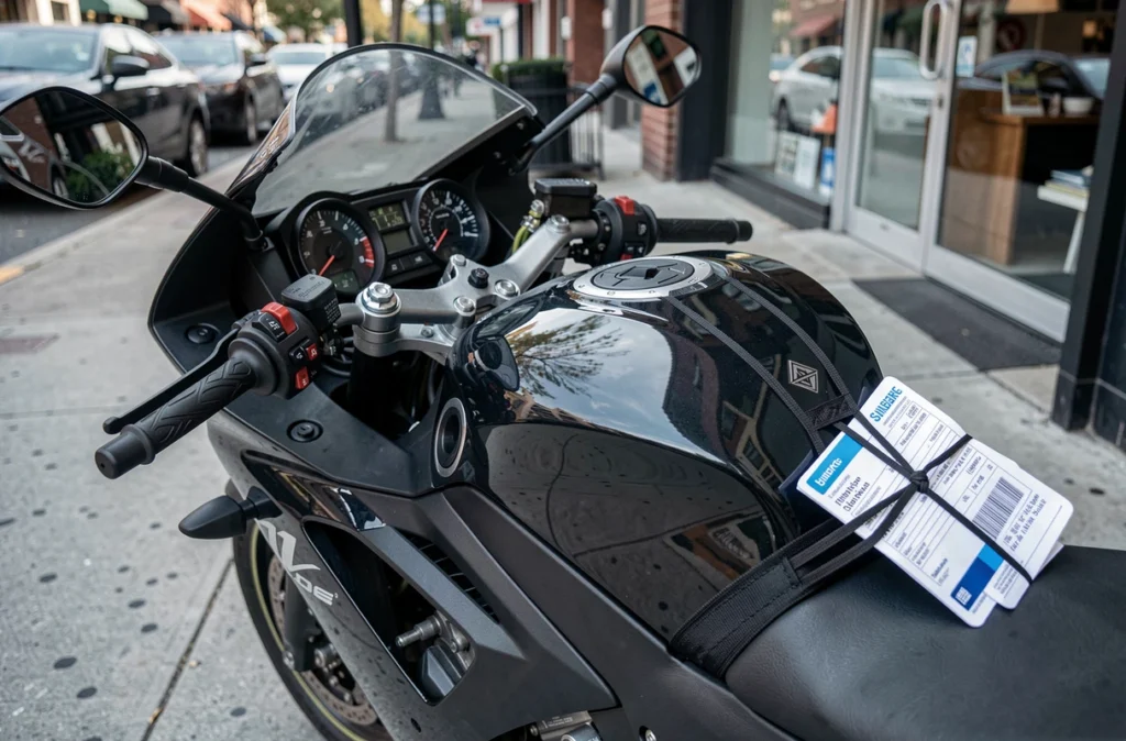 Détail d'une moto 600cc noire avec carte verte d'assurance visible sur le siège en milieu urbain