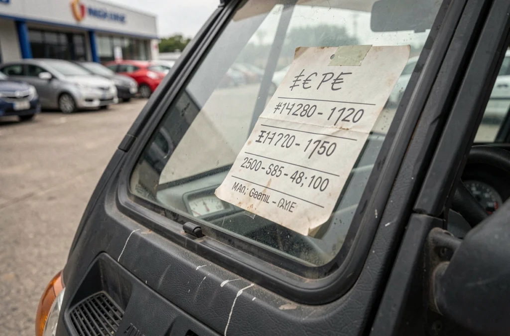 Détail du prix et du compteur kilométrique d'une voiture sans permis d'occasion exposée à la vente dans l'Ain