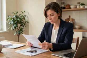 Femme consultant un devis d'assurance pour voiture sans permis à son domicile