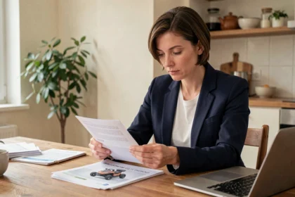 Femme consultant un devis d'assurance pour voiture sans permis à son domicile