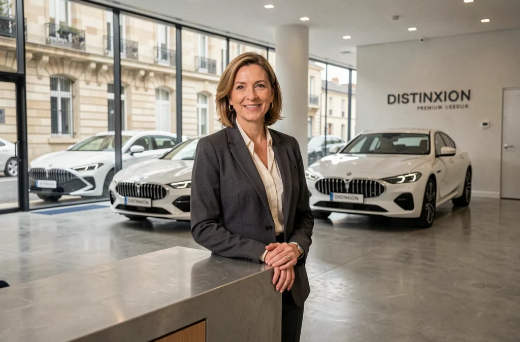 Responsable commerciale dans le showroom premium de Distinxion Bordeaux entourée de véhicules d'occasion haut de gamme