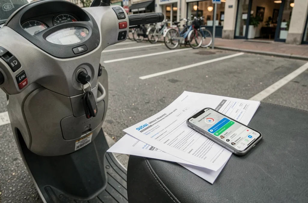 Document d'assurance scooter et devis sur smartphone posés sur la selle d'un scooter en stationnement urbain