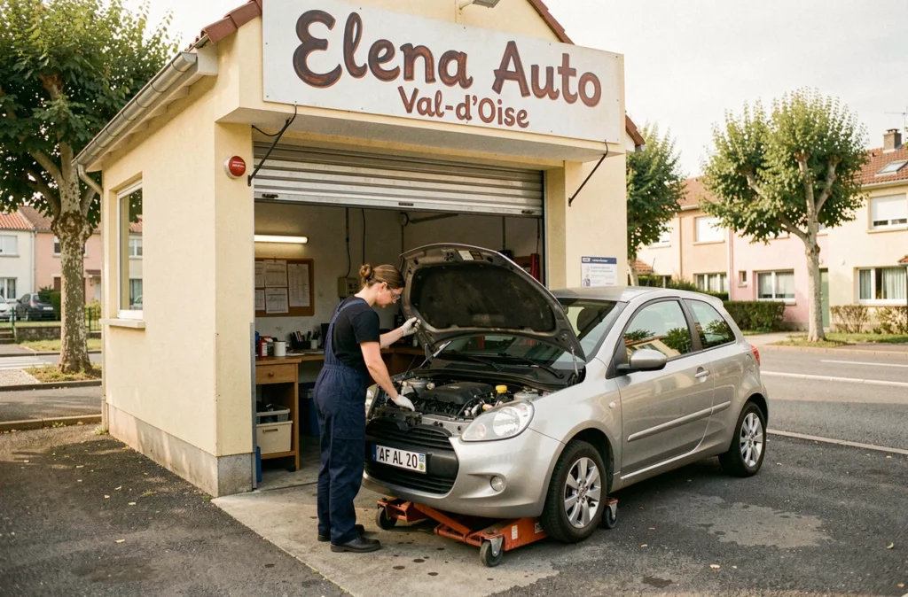 Mécanicienne inspectant un moteur dans le garage Elena Auto dans le Val-d'Oise