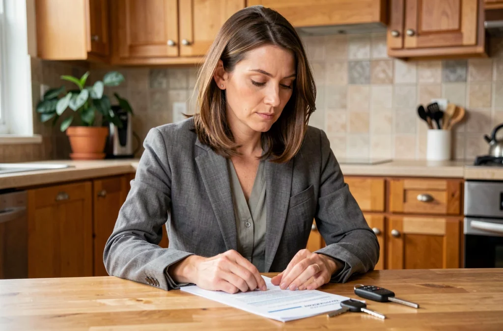 Femme consultant des documents d'assurance auto à une table de cuisine avec des clés de voiture posées à côté
