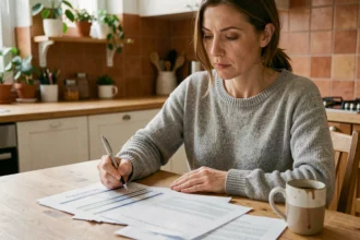 Femme consultant les documents de son assurance auto au tiers à la maison, stylo en main devant des devis imprimés