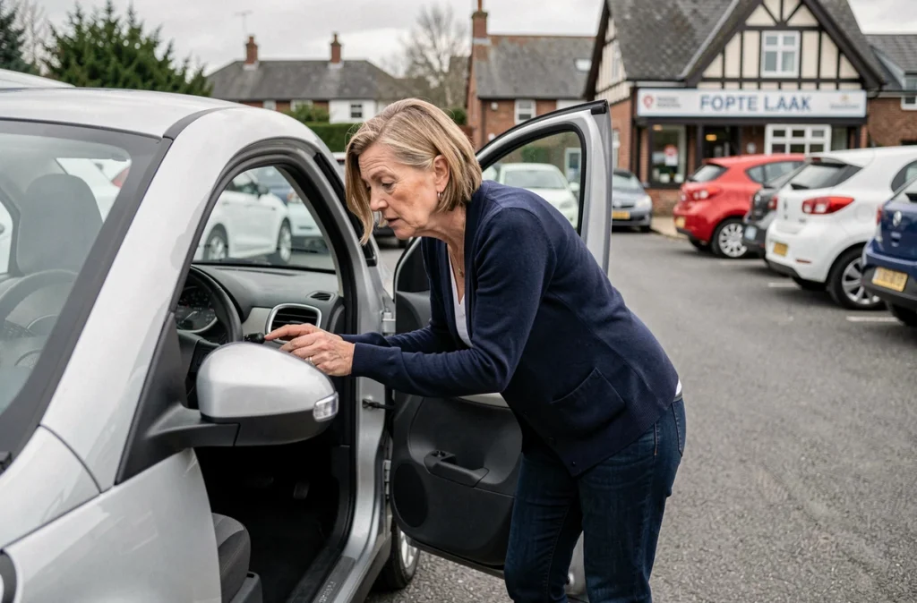 Une femme d'âge mûr inspectant l'intérieur d'une voiture sans permis d'occasion dans un concessionnaire à Caen
