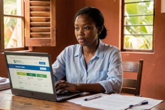 Femme martiniquaise comparant des assurances auto pas chères sur son ordinateur portable à domicile