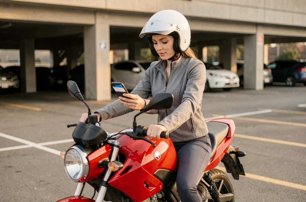Femme motarde assise sur une moto 250cc rouge, comparant les prix d'assurance moto sur smartphone