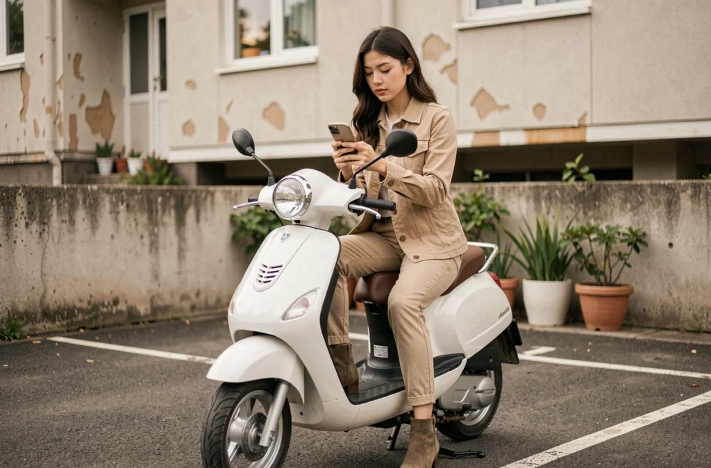Jeune femme sur un scooter 50cc comparant des prix d'assurance sur son smartphone