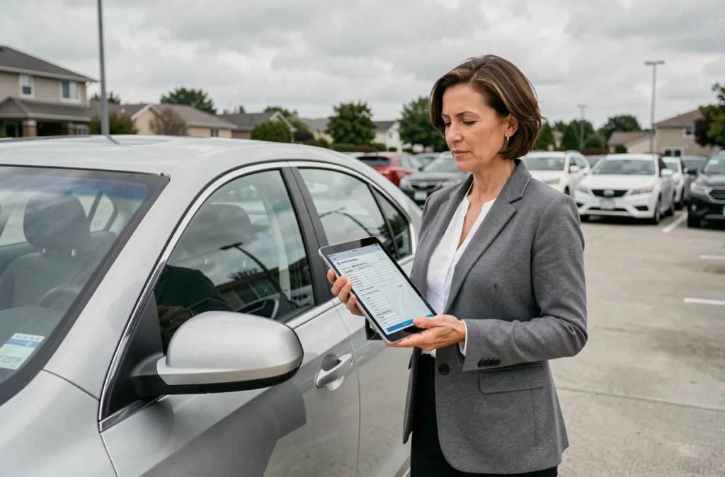 Femme debout près d'une voiture tenant une tablette avec un formulaire d'assurance automobile