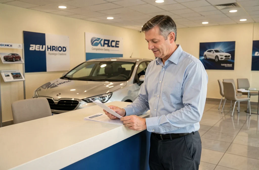 Vendeur automobile accueillant un client à l'accueil du showroom FM Automobiles dans le Nord