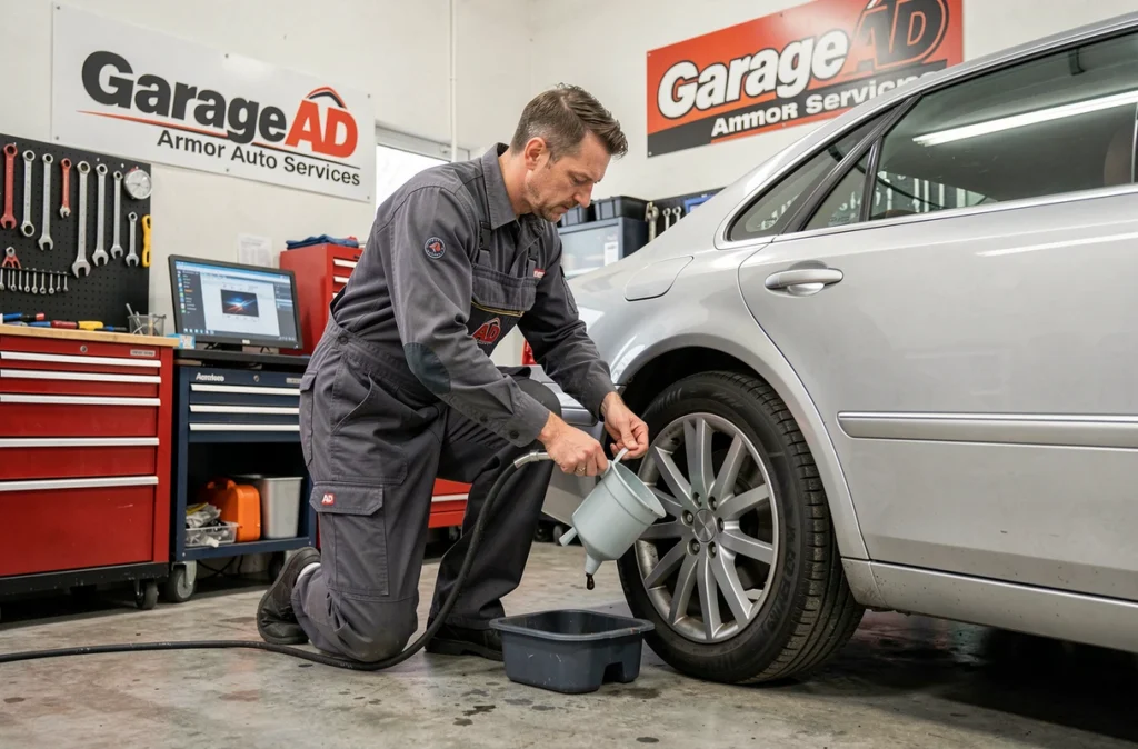 Mécanicien du Garage AD Armor Auto Services effectuant une vidange sur une break argentée dans un atelier propre et équipé