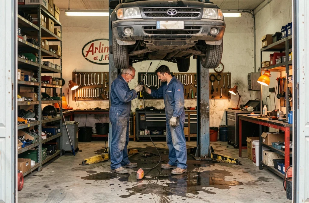 Père et fils mécaniciens au travail dans le garage Arlindo et J. Fils dans le Val-d'Oise