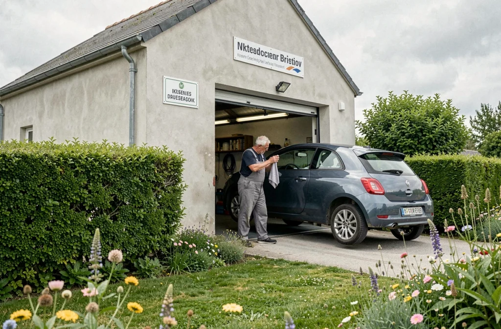 Extérieur fleuri du Garage Carrosserie des Landes Fleuries avec mécanicien debout près d'un véhicule sur pont élévateur visible depuis l'entrée