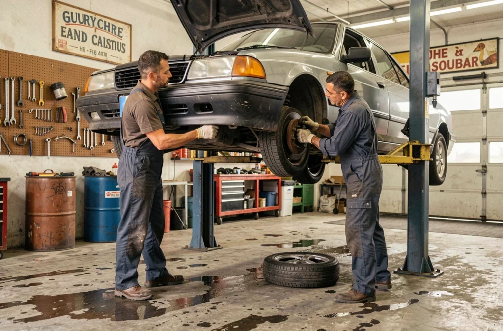 Deux mécaniciens effectuant une révision générale au Garage Gambetta dans le Nord