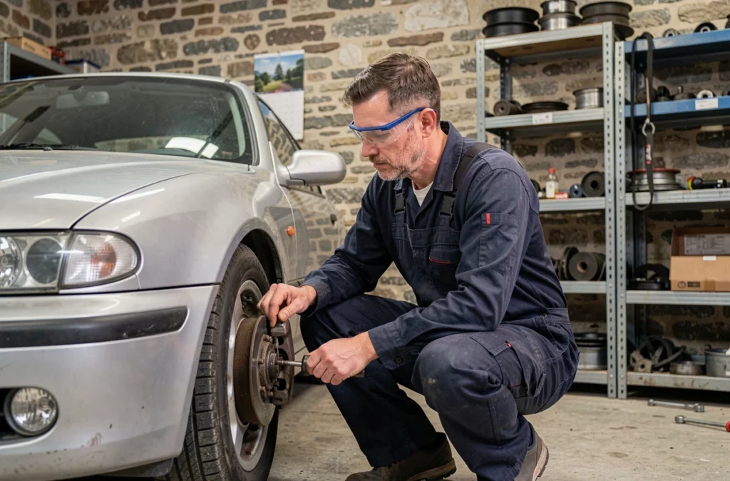 Mécanicien du Garage Guillou à Saint-Evarzec inspectant les freins d'une berline dans un atelier breton traditionnel