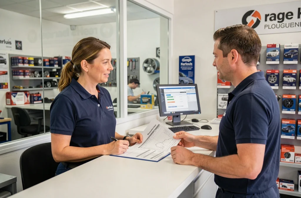 Conseillère du Garage Kerlouis à Plouguernével expliquant un diagnostic véhicule à un client au comptoir de réception