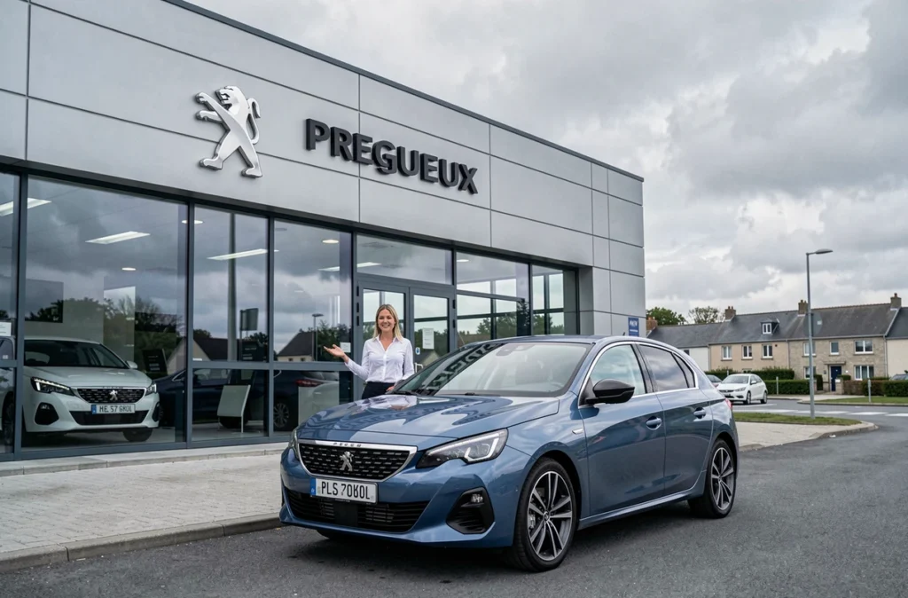 Commerciale de la concession Garage Peugeot Trégueux en Côtes-d'Armor présentant une Peugeot 308 devant la façade moderne du showroom