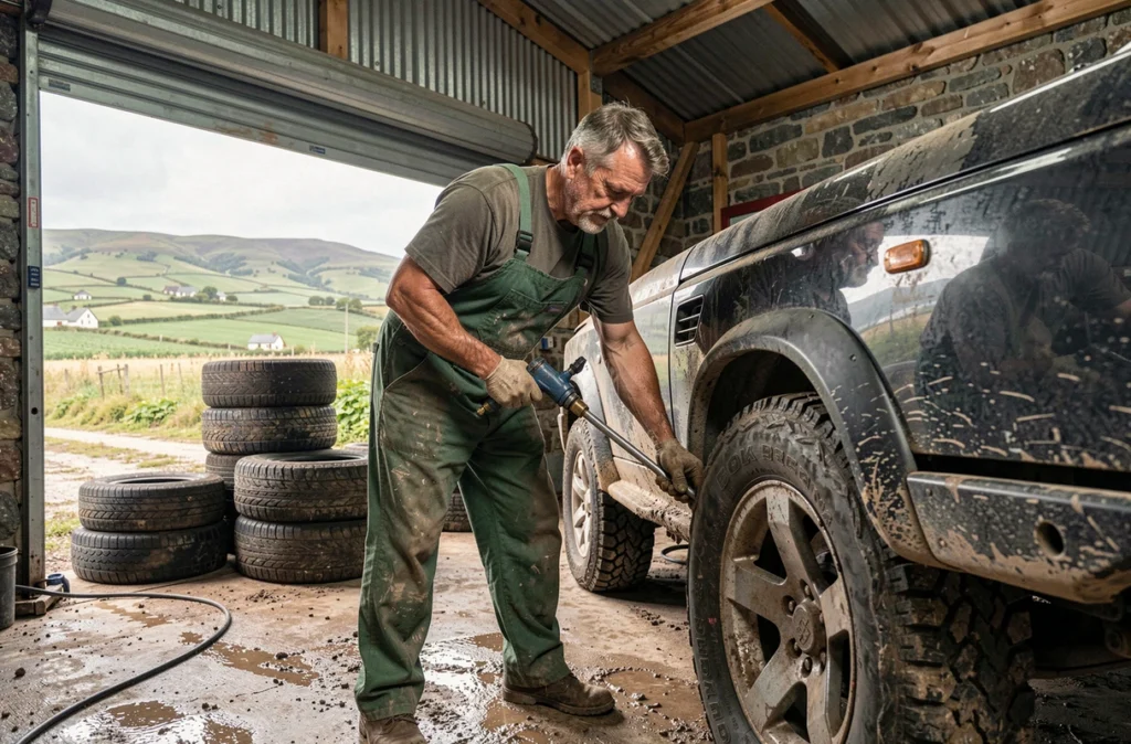 Mécanicien du Garage Rannou à Dinéault retirant un pneu d'un 4x4 dans un atelier rural avec vue sur la campagne bretonne