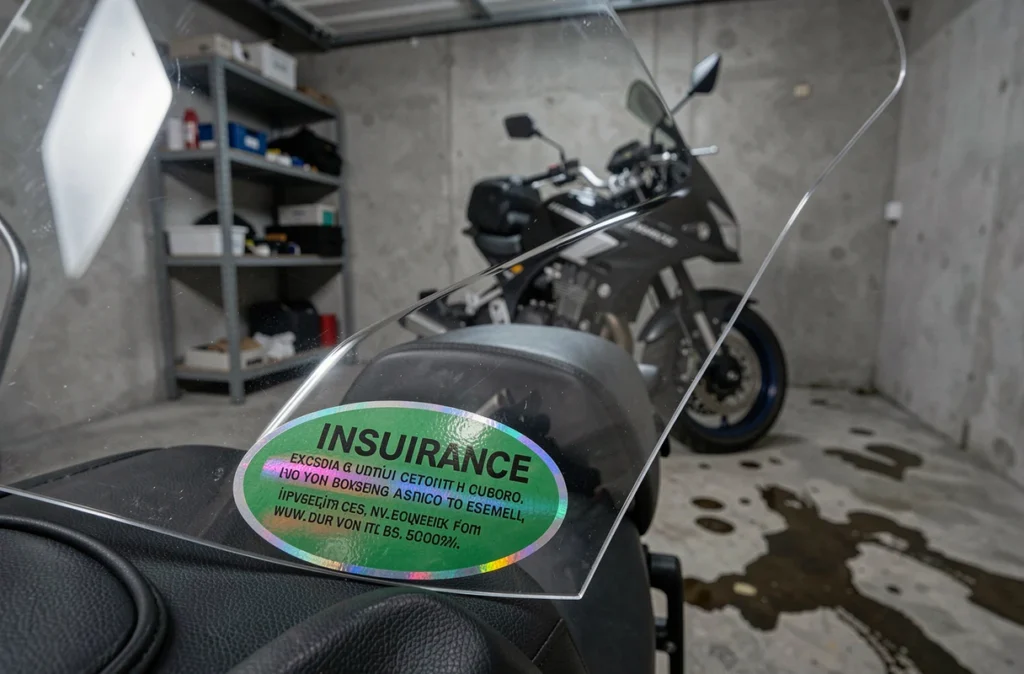Gros plan d'une vignette d'assurance moto collée sur le pare-brise d'une moto dans un garage