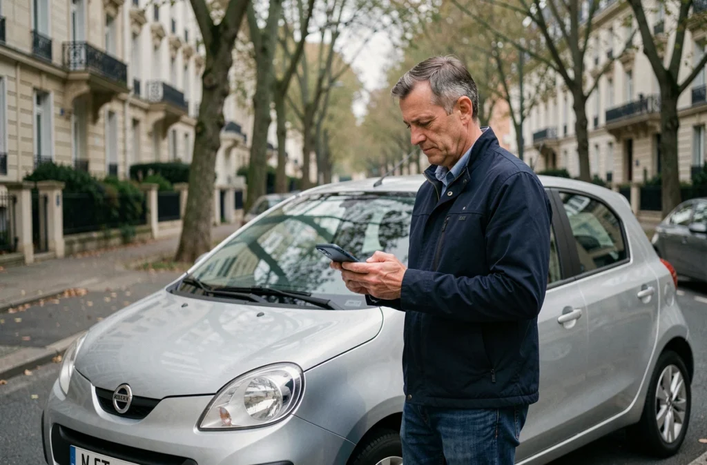 Homme comparant les prix d'assurance au tiers sur son smartphone à côté de sa voiture dans une rue française