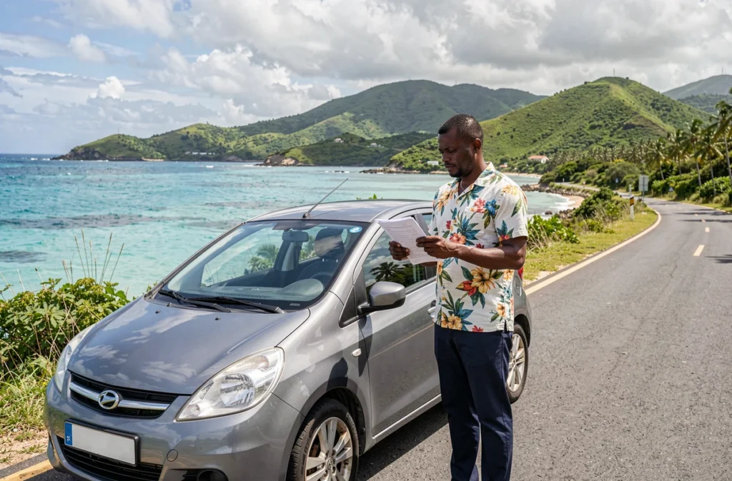 Homme martiniquais examinant son contrat d'assurance auto devant sa voiture sur une route côtière de Martinique