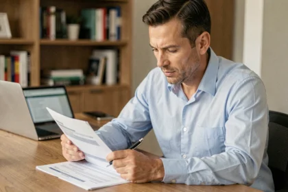 Homme consultant des documents de transfert d'assurance voiture sur un bureau en bois à domicile