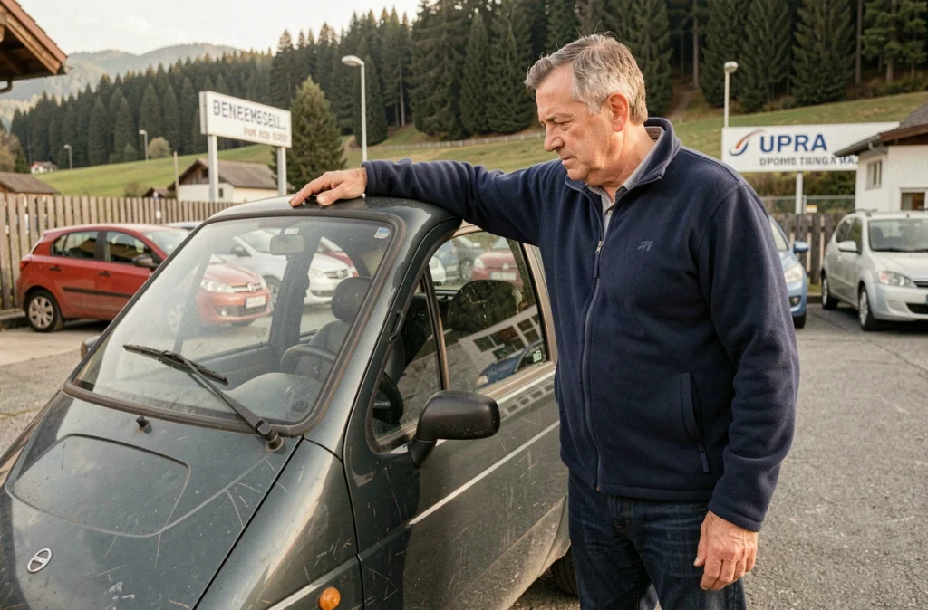 Un homme examine une voiture sans permis d'occasion dans un garage du Jura