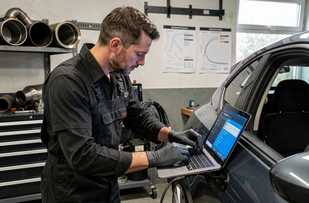 Technicien connectant un outil de diagnostic pour la reprogrammation moteur chez IBR Concept dans le Nord