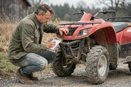 Homme inspectant un quad tout-terrain rouge avant de demander un devis d'assurance quad