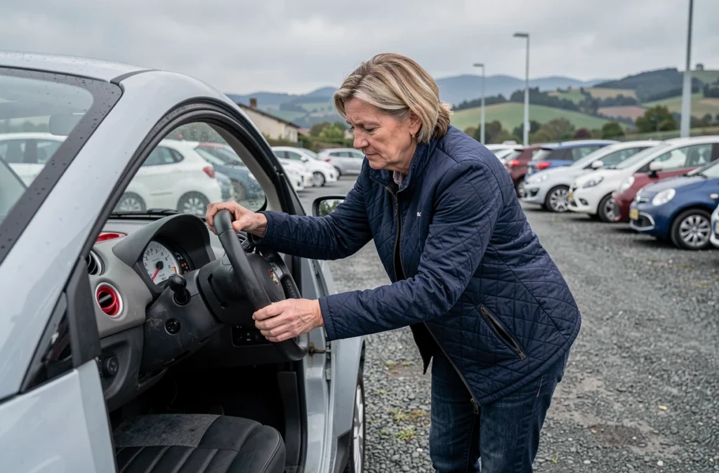 Femme inspectant l'intérieur d'une voiture sans permis d'occasion chez un vendeur dans l'Ain