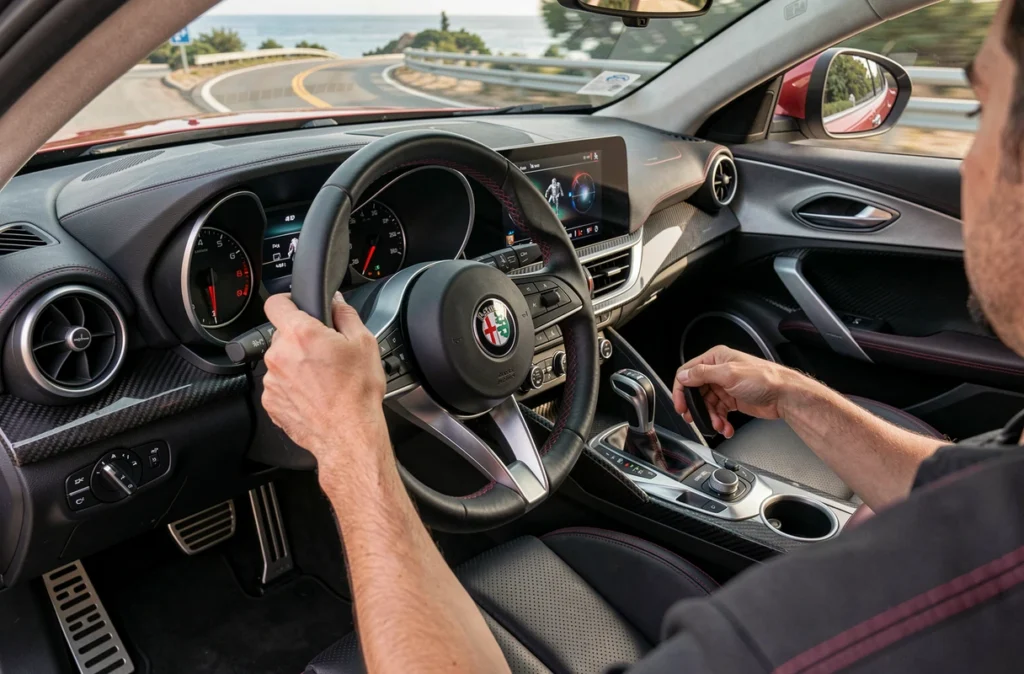 Intérieur cockpit de l'Alfa Romeo Giulia avec volant sport, cadrans analogiques et sellerie cuir noir et rouge