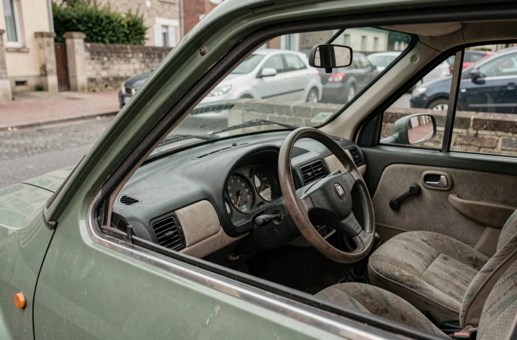 Gros plan sur l'intérieur d'une voiture sans permis d'occasion avec tableau de bord et siège usagé typique du marché de l'occasion à Caen