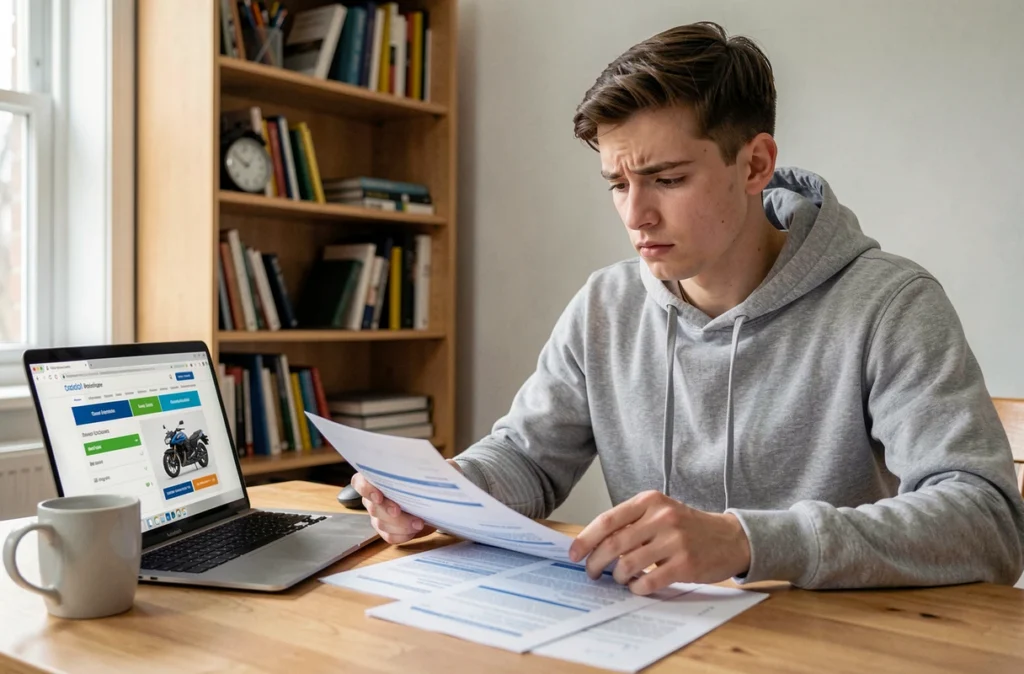 Jeune homme consultant des documents d'assurance moto 600 sur un bureau avec un ordinateur portable