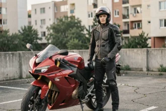 Jeune conducteur en veste moto à côté d'une moto 600cc rouge dans un parking urbain