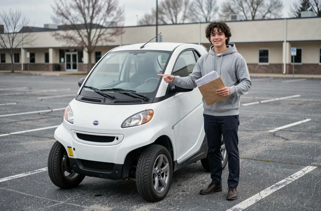 Jeune homme avec une voiture sans permis et ses documents d'assurance